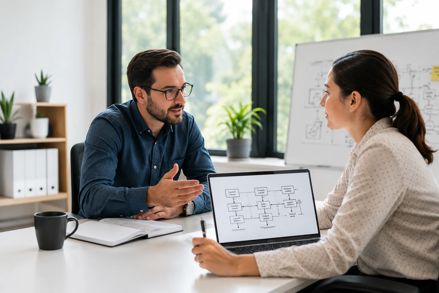 Consultor SAP Business One reuniéndose con un cliente para comprender los procesos de negocio y definir los objetivos del proyecto