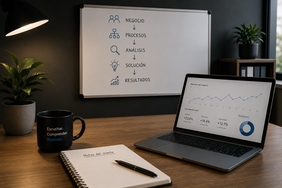 Espacio de trabajo de consultoría tecnológica con análisis de procesos empresariales, diagramas de solución y enfoque en el negocio